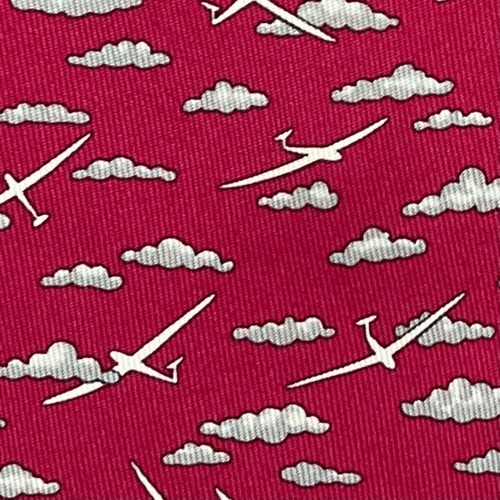 100% REAL HERMES TIE ~ DARKER RED GLIDER PLANES AIRPLANES CLOUDS IN THE SKY XL